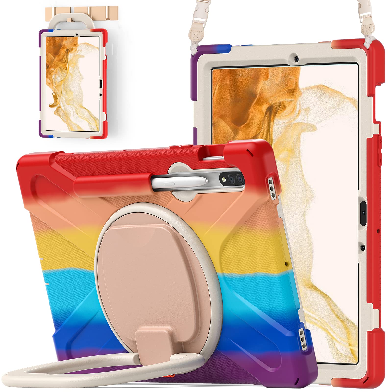 BATYUE Shockproof Rugged Case for Samsung Galaxy Tab S7 (2020)/S8 (2022) 11 inch - Protective Cover with Pencil Holder, Rotating Stand & Shoulder Strap for SM-T870/T875/X700/X706 (Red) | Perfect for Travel, Work & Outdoor Use