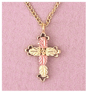 10K Solid Gold Three-Tone Petite Cross Pendant with Red & Green Leaf Accents - Includes 18