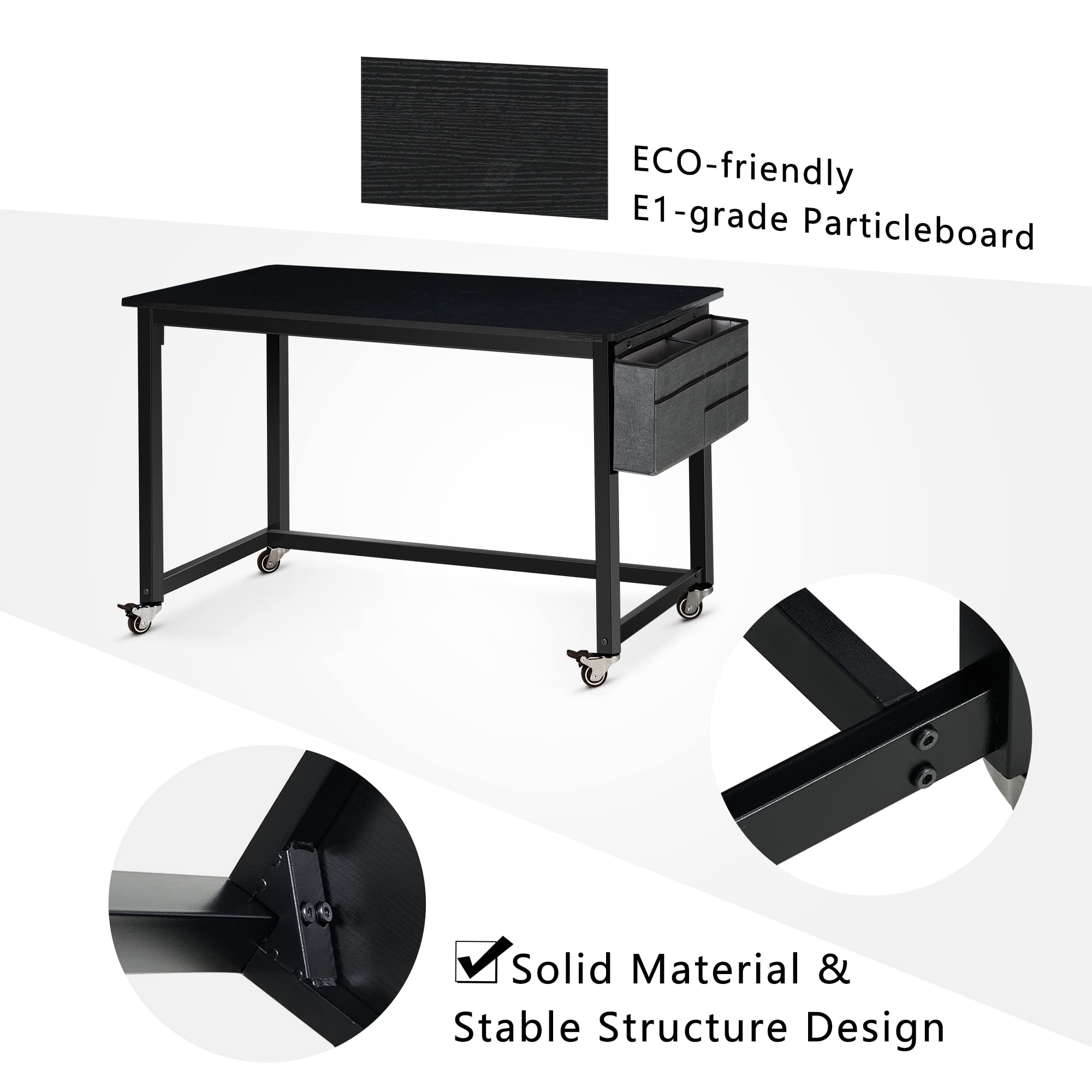 AHB 47-Inch Rolling Computer Desk with 4 Smooth Wheels - Mobile Writing Desk for Home Office & Study - Sturdy Metal Frame Workstation for Small Spaces & Dorm Rooms