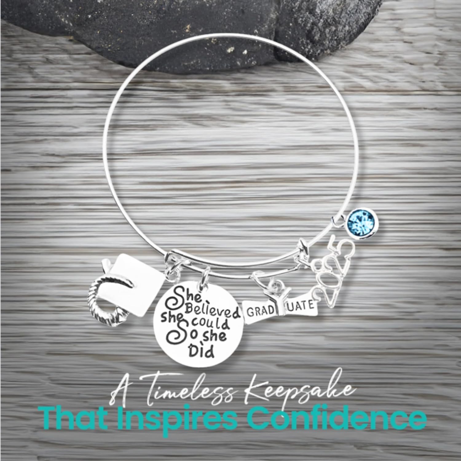 Personalized 2025 Graduation Bangle Bracelet with Birthstone Charm - She Believed She Could So She Did Inspirational Jewelry Gift for Graduates | Perfect for High School & College Graduation Ceremonies, Commencement Gifts & Achievement Celebrations