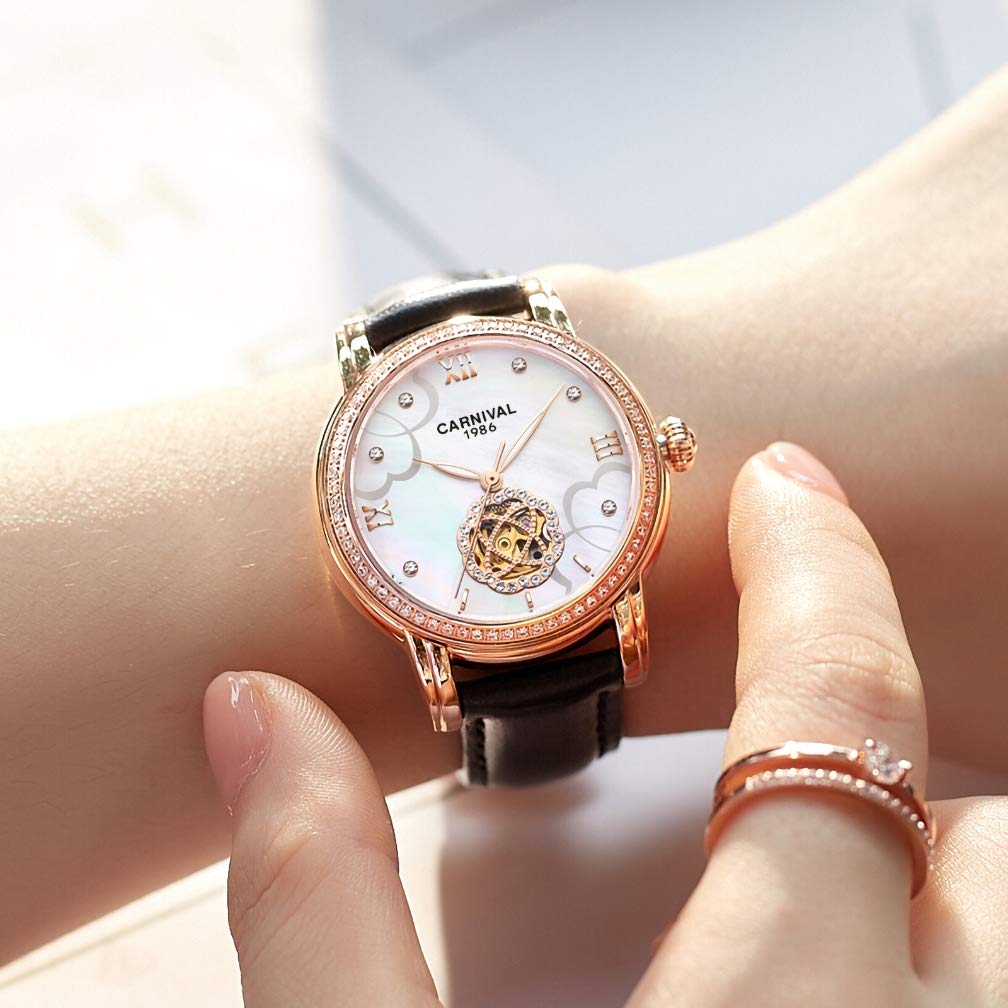 Elegant Mother of Pearl Dial Women's Mechanical Watch with Genuine Leather Band - Perfect for Business, Party & Everyday Wear