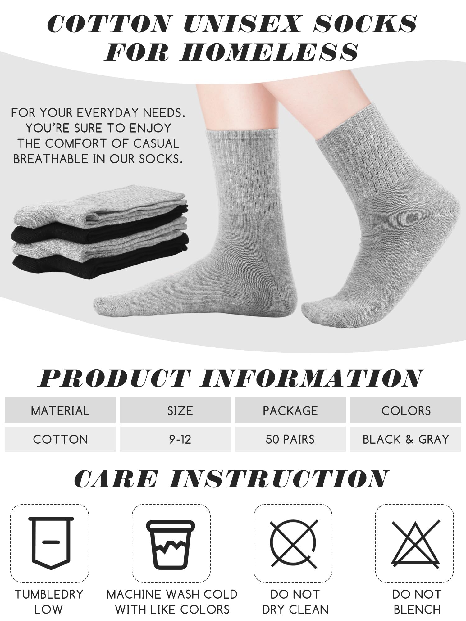 Suhine 50 Pairs Men's Crew Socks Bulk - Soft Cotton Moisture Wicking Unisex Athletic Socks for Running, Hiking & Daily Wear - Perfect for Homeless Shelters, Sports & Gifts
