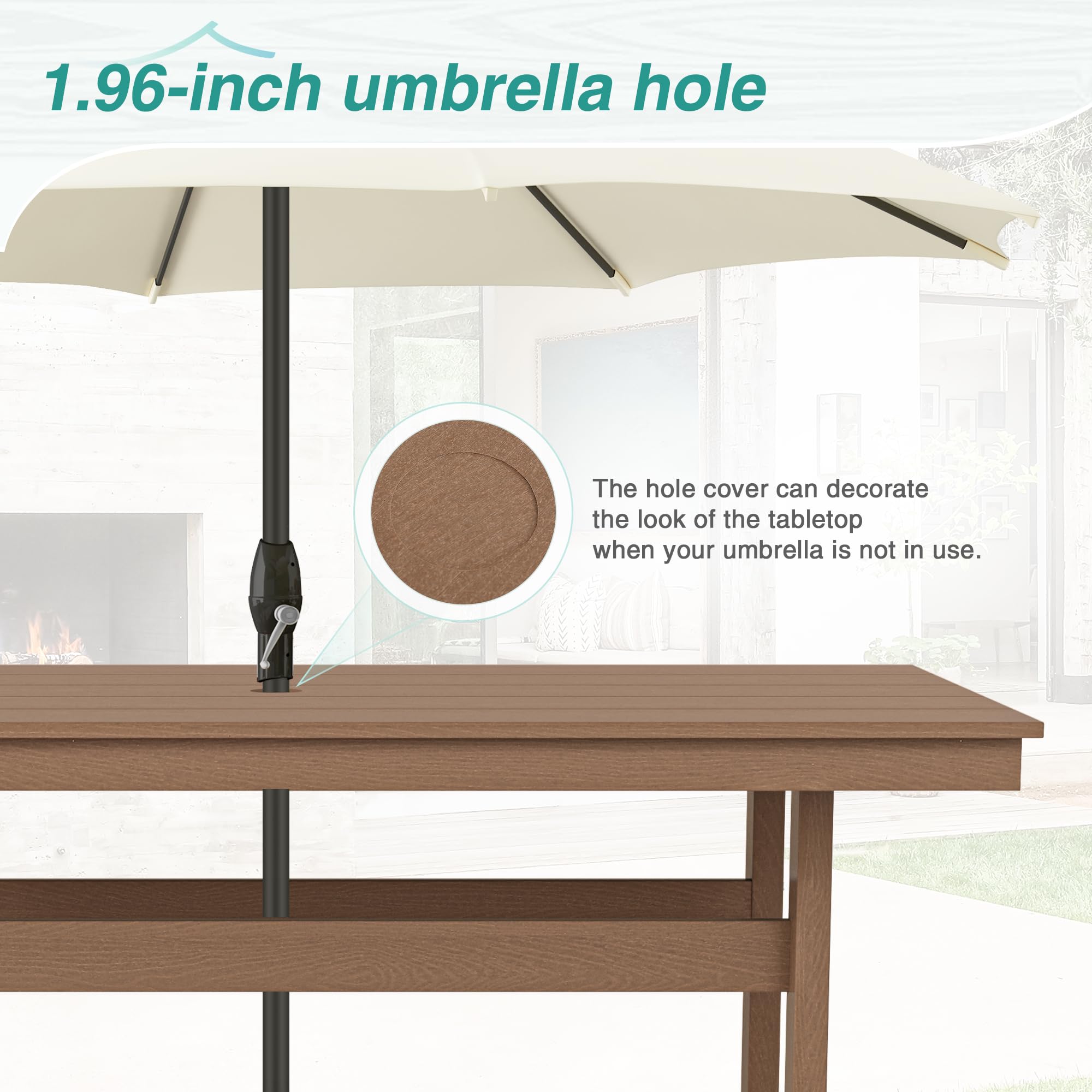 7-Piece HDPE Weather-Resistant Outdoor Dining Set with Umbrella Hole - Rectangle Patio Table & 6 Chairs - Light Brown Balcony Furniture for Backyard, Garden & Poolside Gatherings