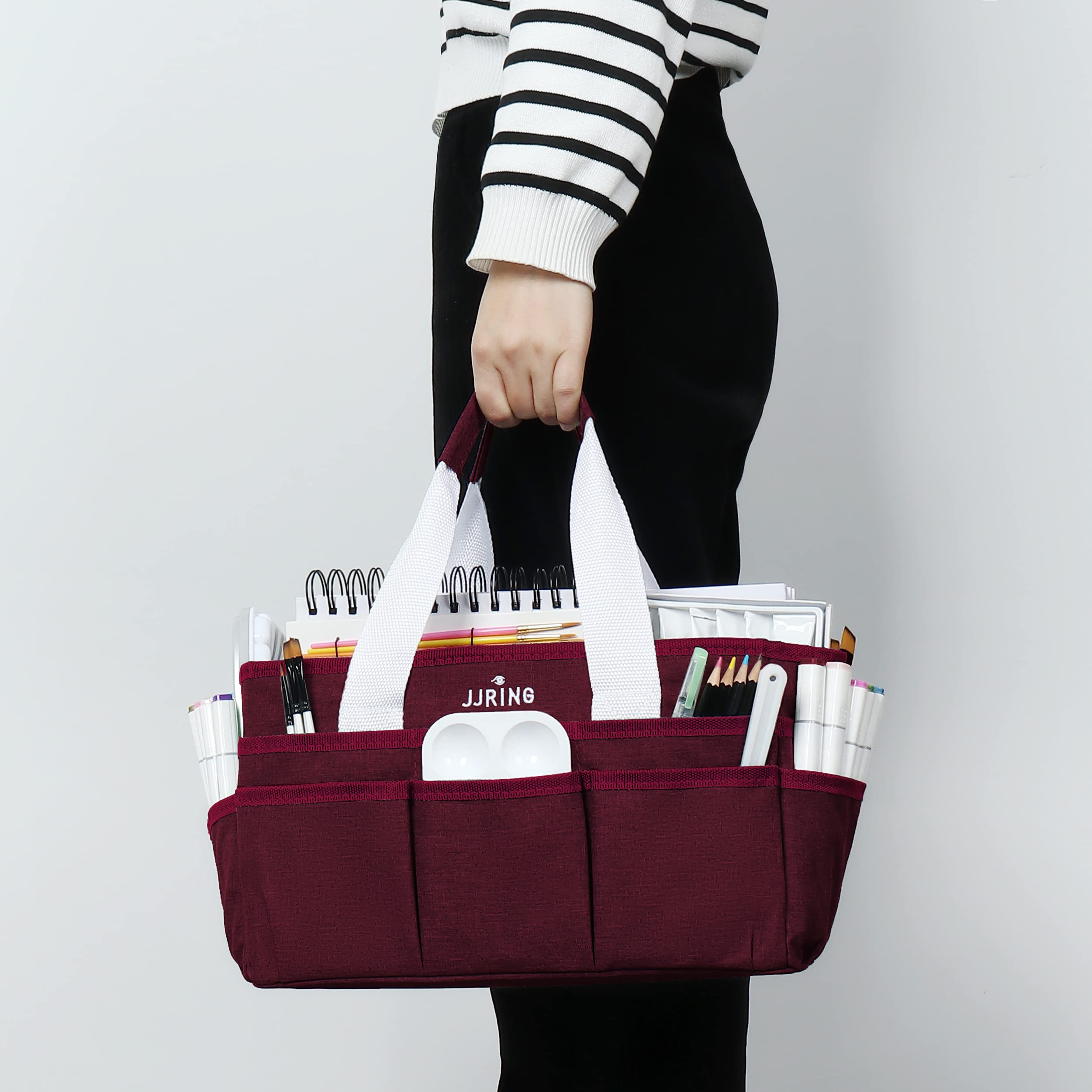 JJRING Craft Organizer Tote Bag with Multiple Pockets - Dark Red Art Storage Caddy for Sewing, Scrapbooking, School, Medical & Office Supplies | Perfect for Artists, Students & Professionals