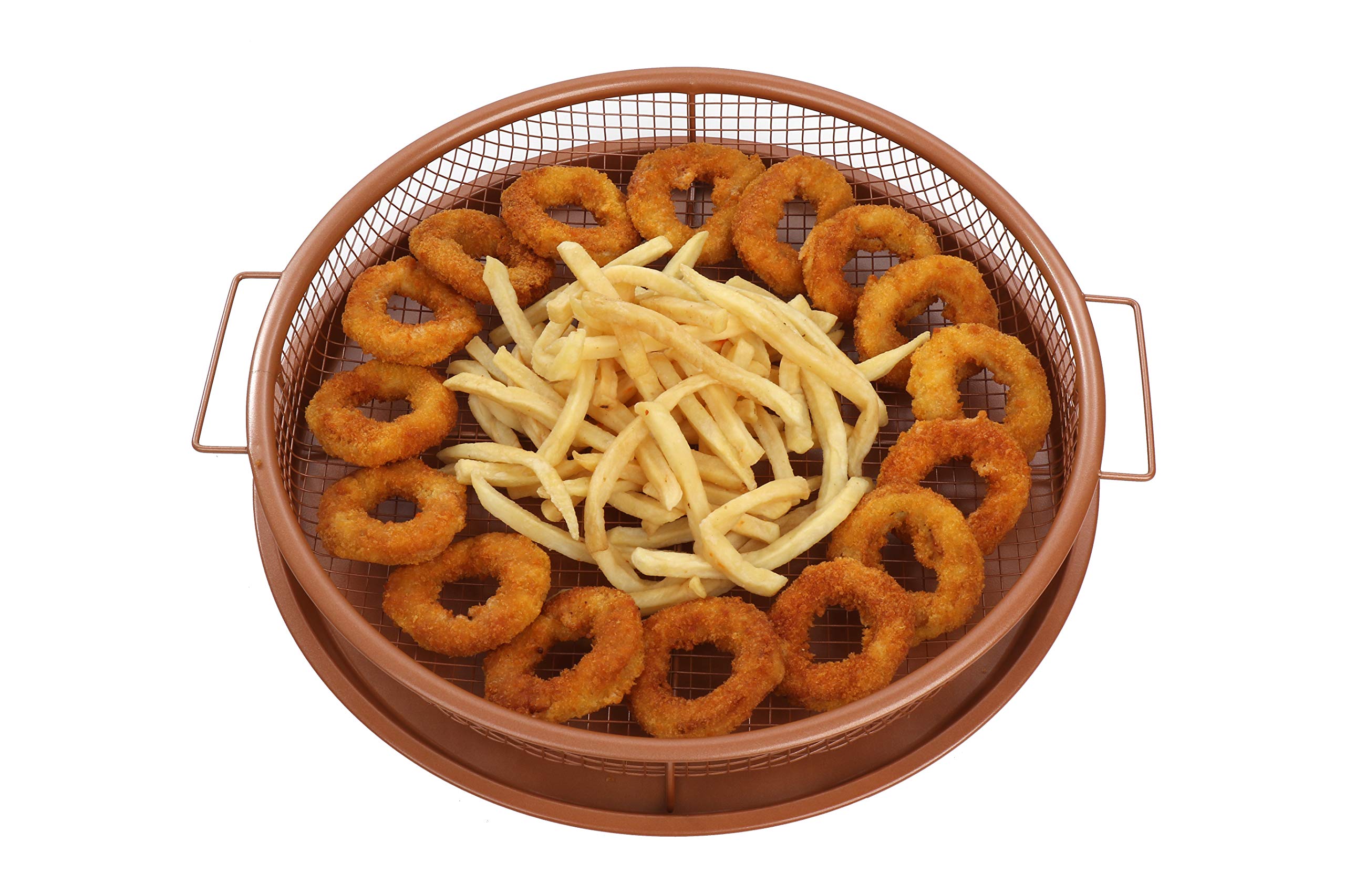 Premium Nonstick Copper Air Fryer Pan & Mesh Basket Set - 2-Piece Oven Safe Cookware for Healthy French Fries, Frozen Foods & Oil-Free Baking | Perfect for Family Dinners, Meal Prep & Quick Snacks by WHG (Round, 2-Pack)