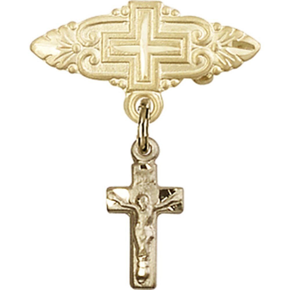 Gold Filled Baby Badge with Crucifix Charm & Pin - 7/8 X 3/4 Inch Religious Jewelry for Baptism, Christening & First Communion Gifts