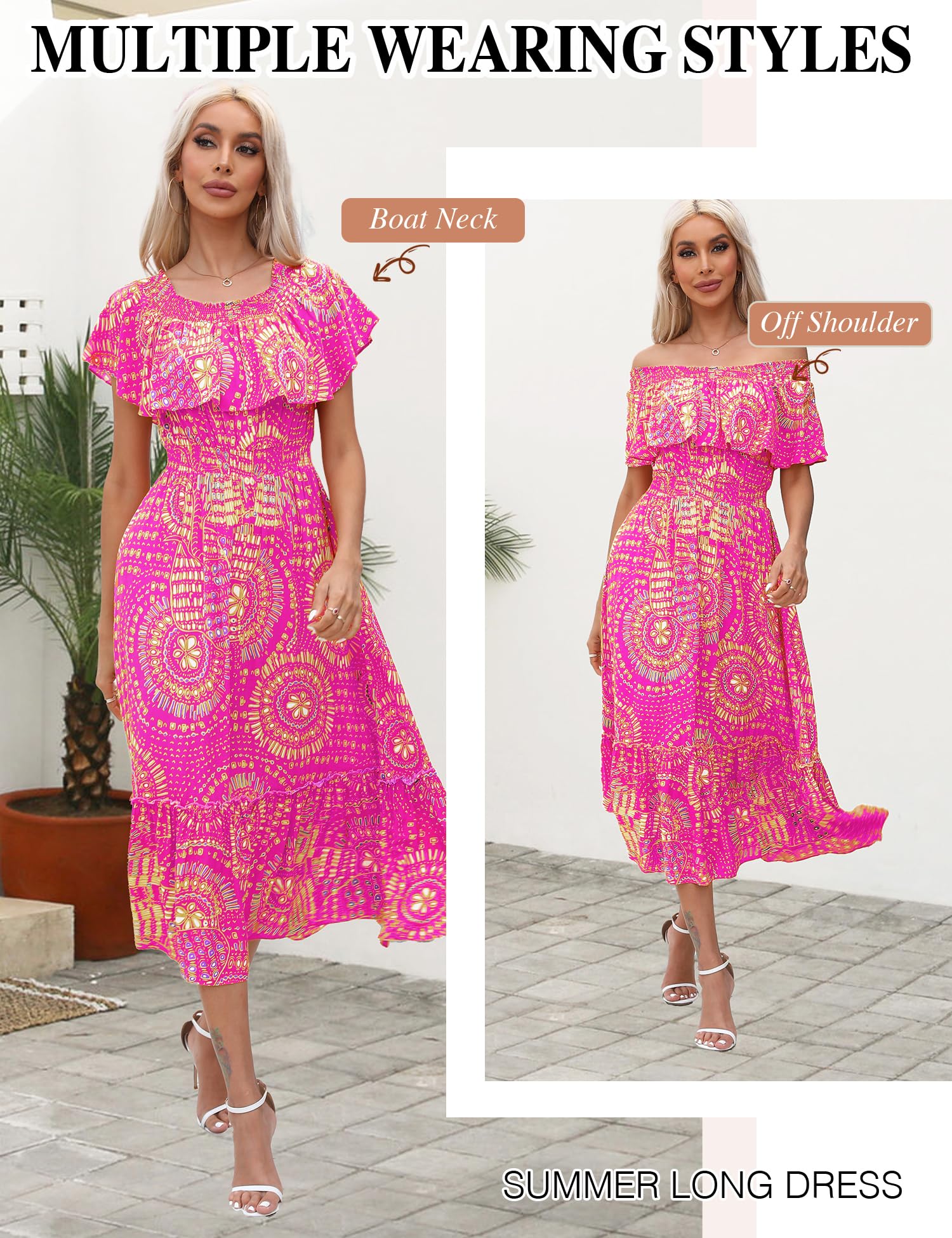Prettywear Women's 2025 Spring Summer Boho Off Shoulder Midi Dress - Floral Print Short Sleeve A-Line Casual Beach Dress for Vacation, Party & Date Night