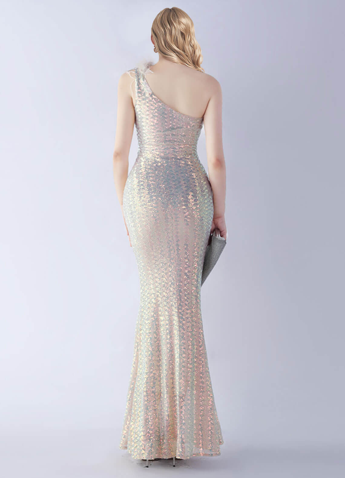 Elegant Apricot One Shoulder Feather Sequin Mermaid Gown for Prom, Evening Party & Formal Events | Luxury Women's Dress for Special Occasions