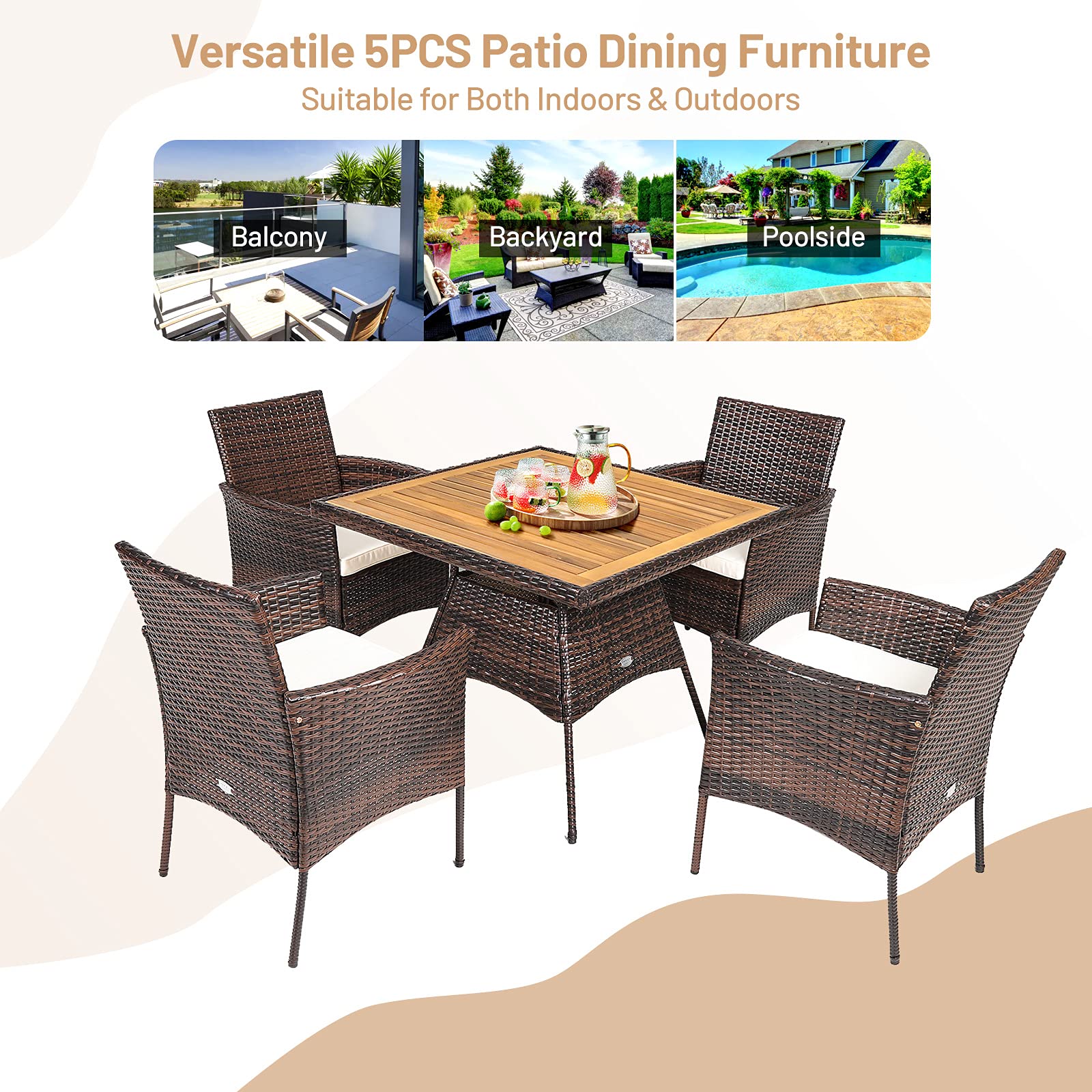 Tangkula 5-Piece Wicker Patio Dining Set - Acacia Wood Outdoor Furniture with 4 Arm Chairs & 1 Table, Rattan Conversation Set with Cushions & Umbrella Hole - Perfect for Backyard, Garden, Porch, Poolside & Outdoor Entertaining