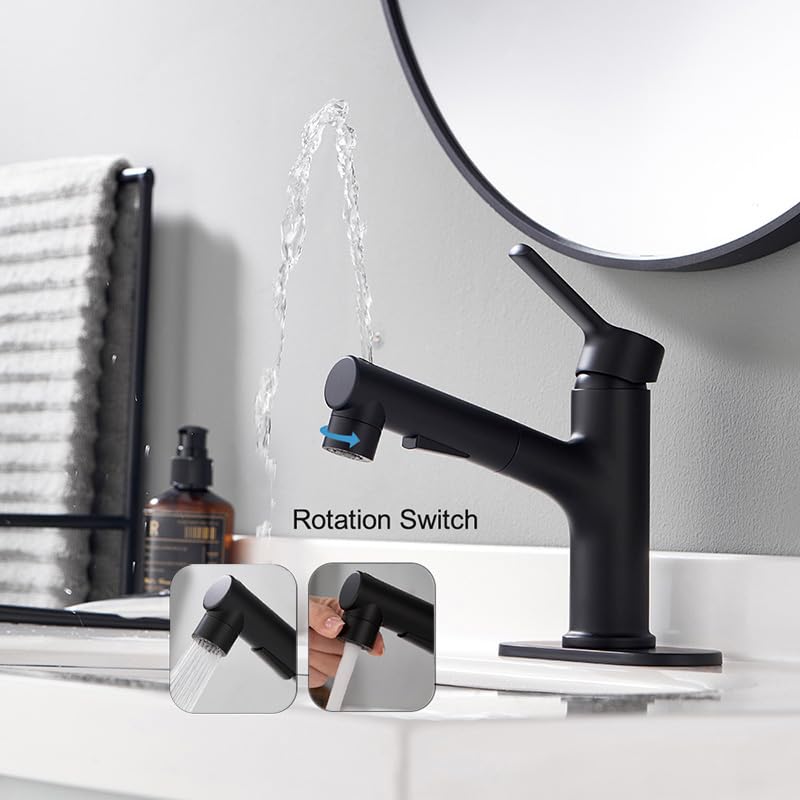 Black Single Handle Brass Bathroom Sink Faucet with Pull-Out Sprayer - 3 Water Flow Modes for Hot & Cold Water - Perfect for Vanity, Basin, and Modern Bathroom Renovations