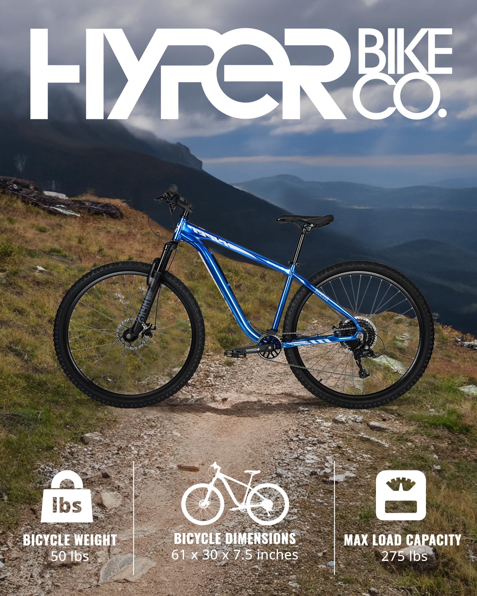 **29 Inch Hyper Mountain Bike for Men & Women - Lightweight Aluminum Hardtail Frame, Shimano 9-Speed Shifters - Perfect for Trail Riding & Outdoor Adventures (Blue)**