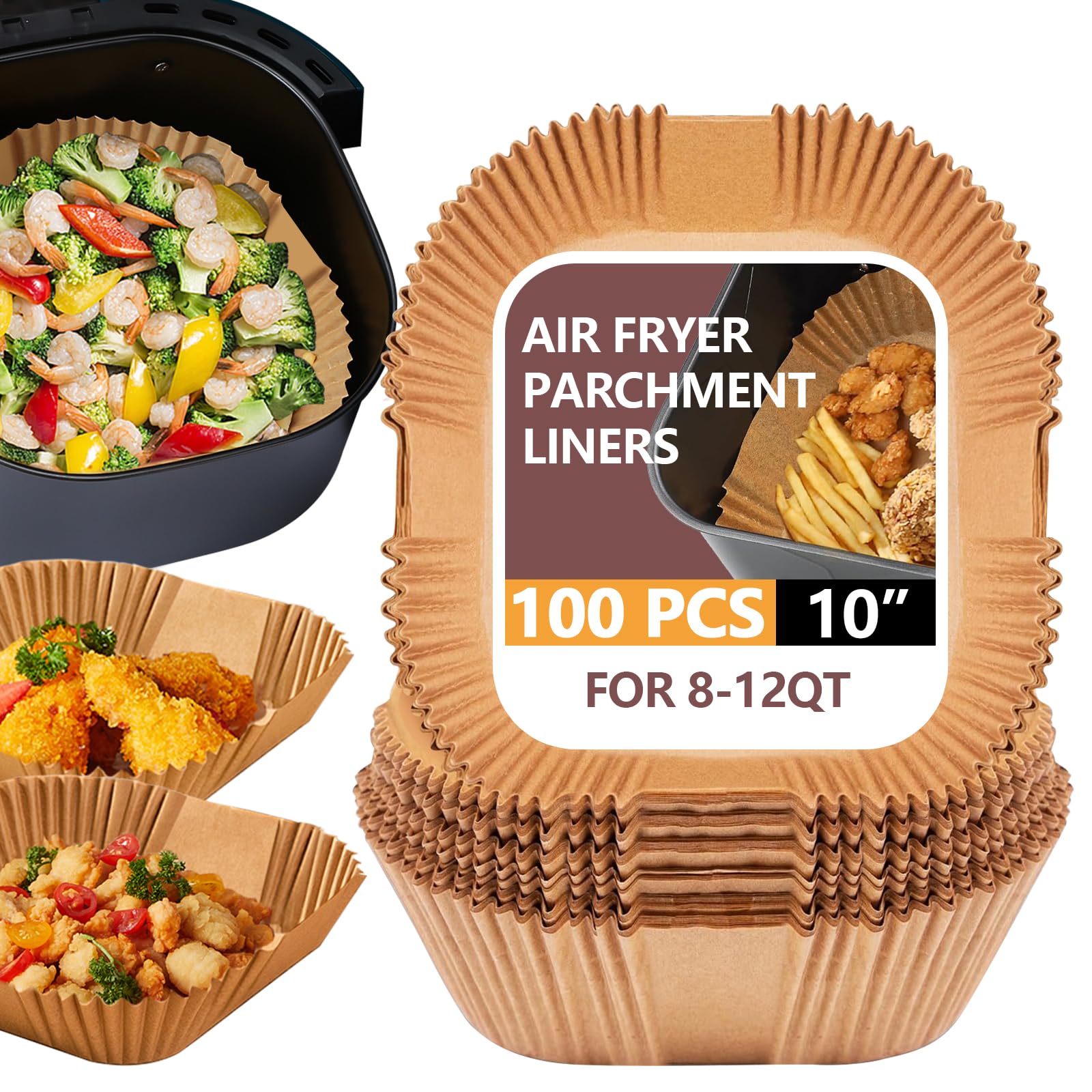 UBeesize 10-Inch Air Fryer Paper Liners - 100 PCS Non-Stick Parchment Sheets for Air Fryers & Microwave Safe - Bleach-Free Square Basket Liners (9-Inch Bottom) - Perfect for Quick Meals, Healthy Cooking & Easy Cleanup