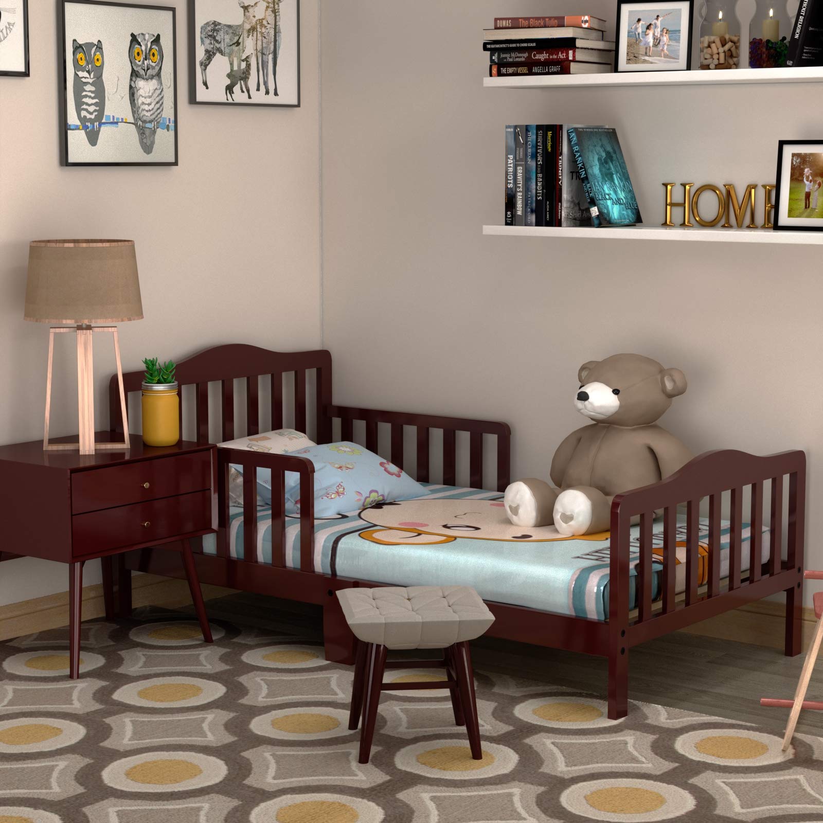 **HONEY JOY Toddler Bed Frame - Solid Rubber Wood with Safety Guardrail, Fits Full Size Crib Mattress (Not Included) - Classic Kids Bedroom Furniture for Boys & Girls (Brown) - Perfect for Nursery, Daycare, or Children's Bedroom**