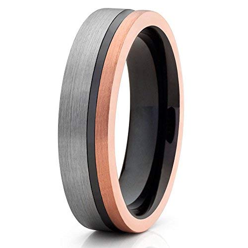 Black Tungsten Wedding Band for Men & Women - 6mm Rose Gold Tungsten Ring, Comfort Fit Anniversary & Engagement Ring - Perfect for Weddings, Proposals & Special Occasions