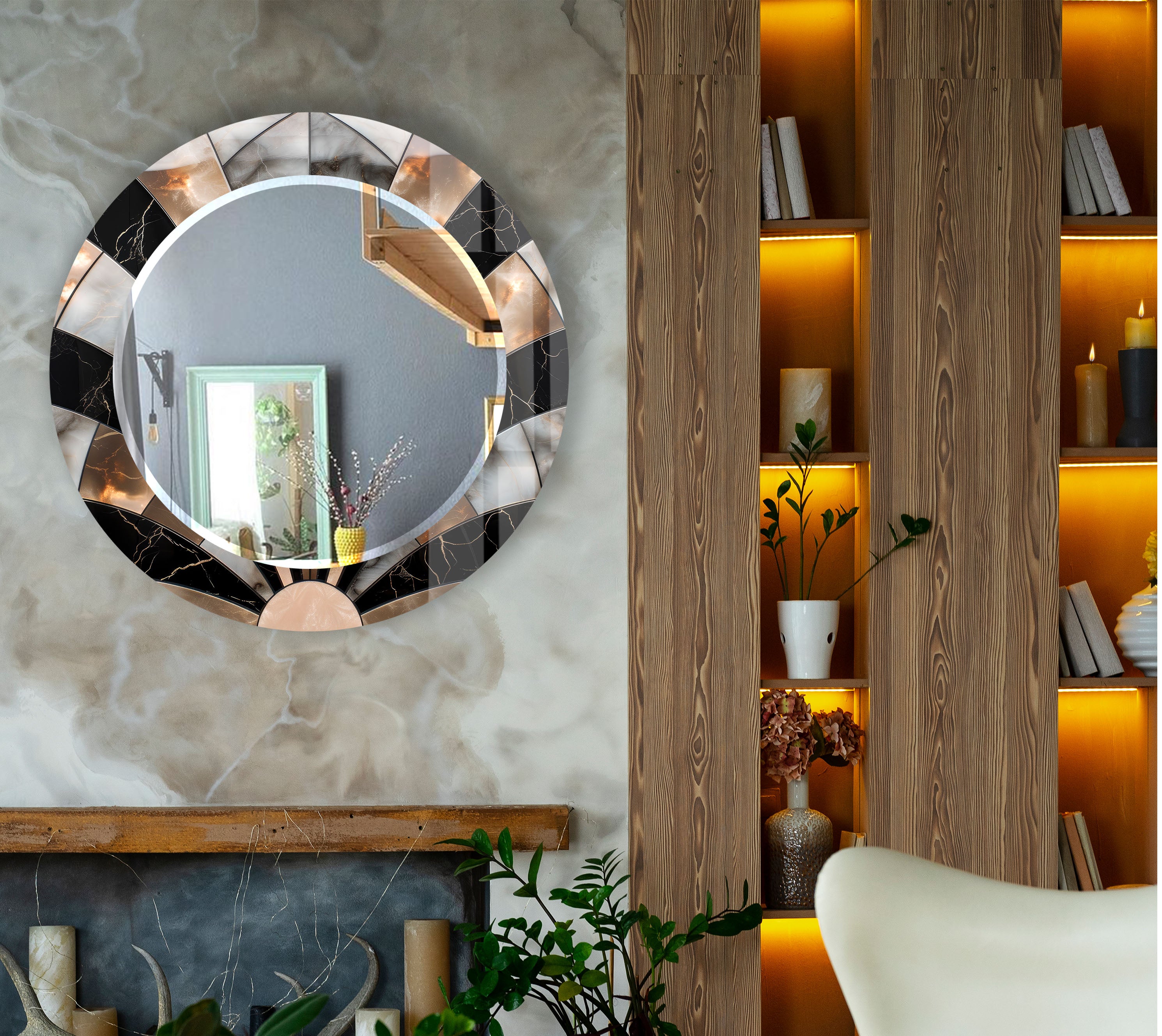 Elegant Black Marble Round Wall Mirror with Sunburst Frame - Perfect for Living Room, Bedroom, and Bathroom Decor