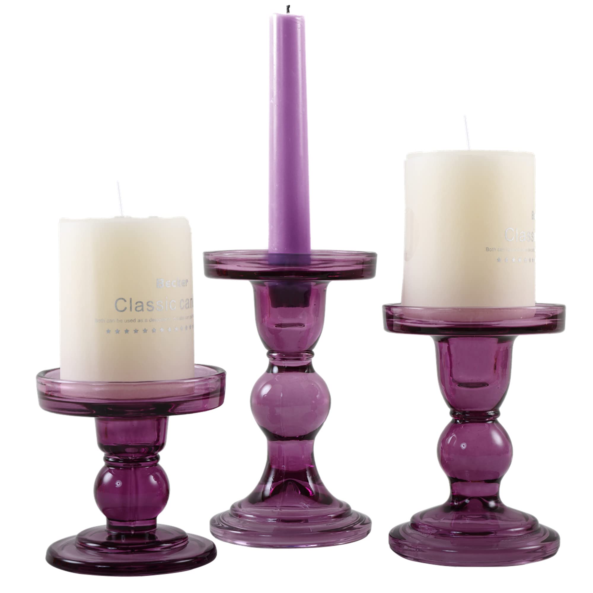 GMWD 3-Piece Glass Candle Holder Set - Clear & Purple for Wedding Centerpieces & Home Decor