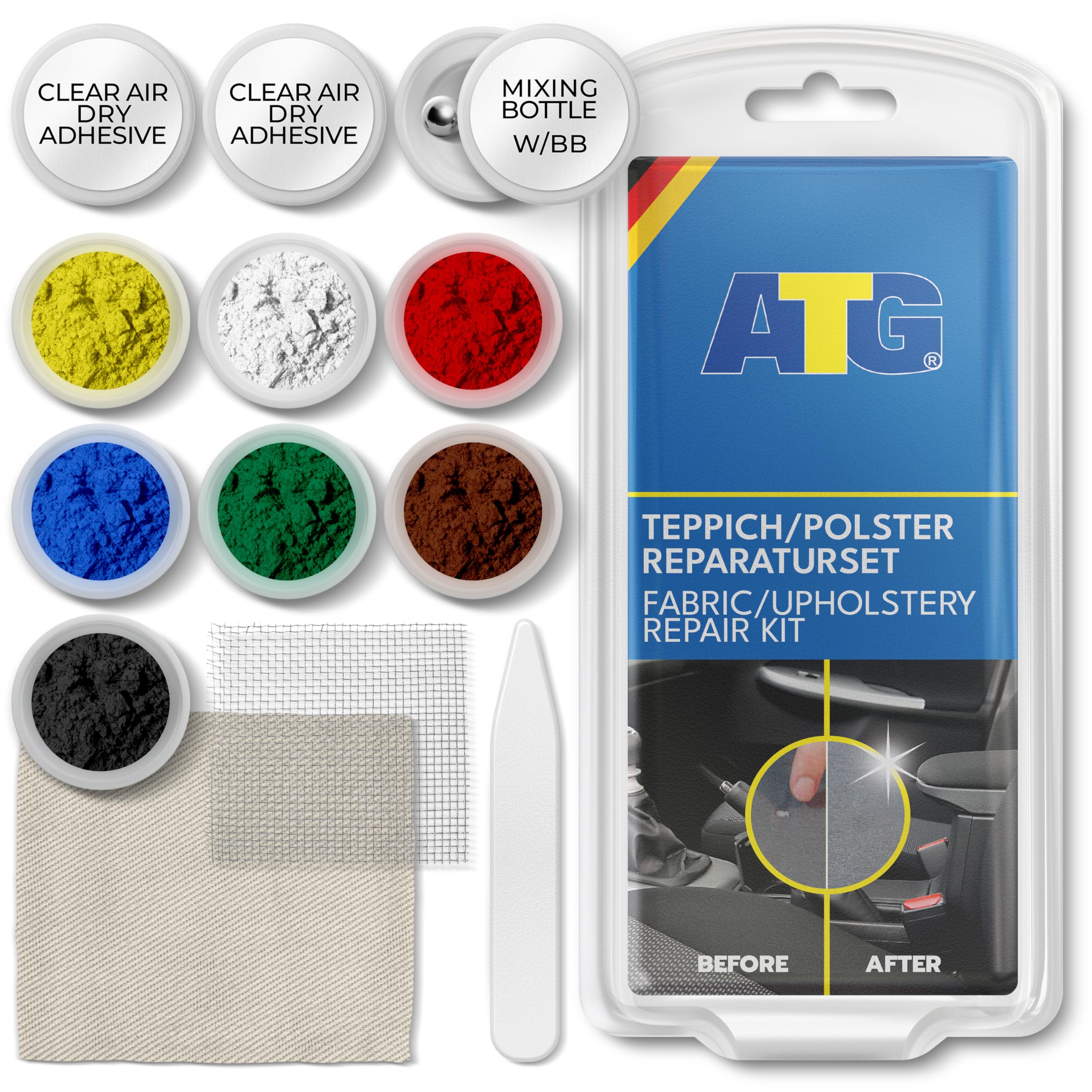 ATG Upholstery Repair Kit for Cars & Furniture - Fix Holes, Tears & Burns in Leather, Fabric & Carpet - Car Seat Patch & Sofa Repair Kit - Perfect for Auto Interiors, Home Furniture & Office Chairs