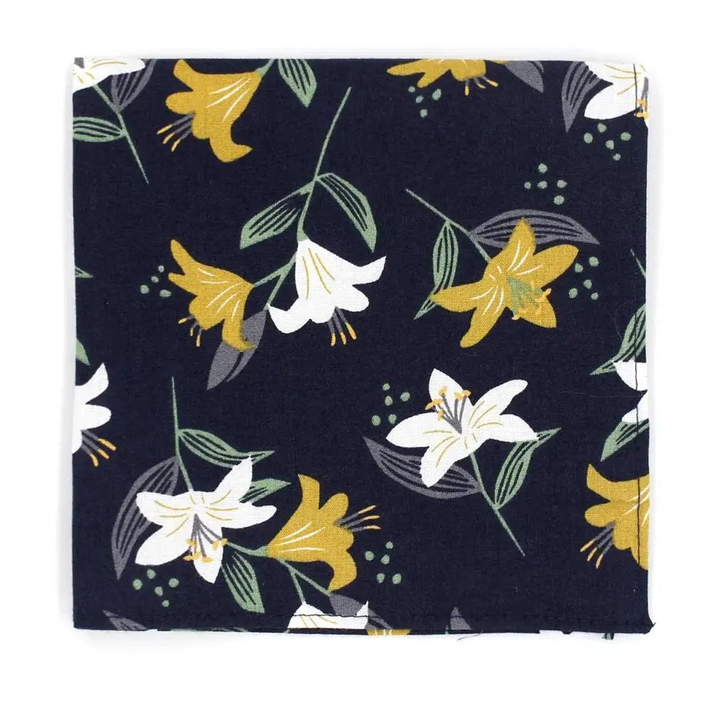 L.A. Smith Navy Blue Tie and Pocket Square Set with Mustard Lily Pattern - Perfect for Weddings, Business Meetings & Formal Events