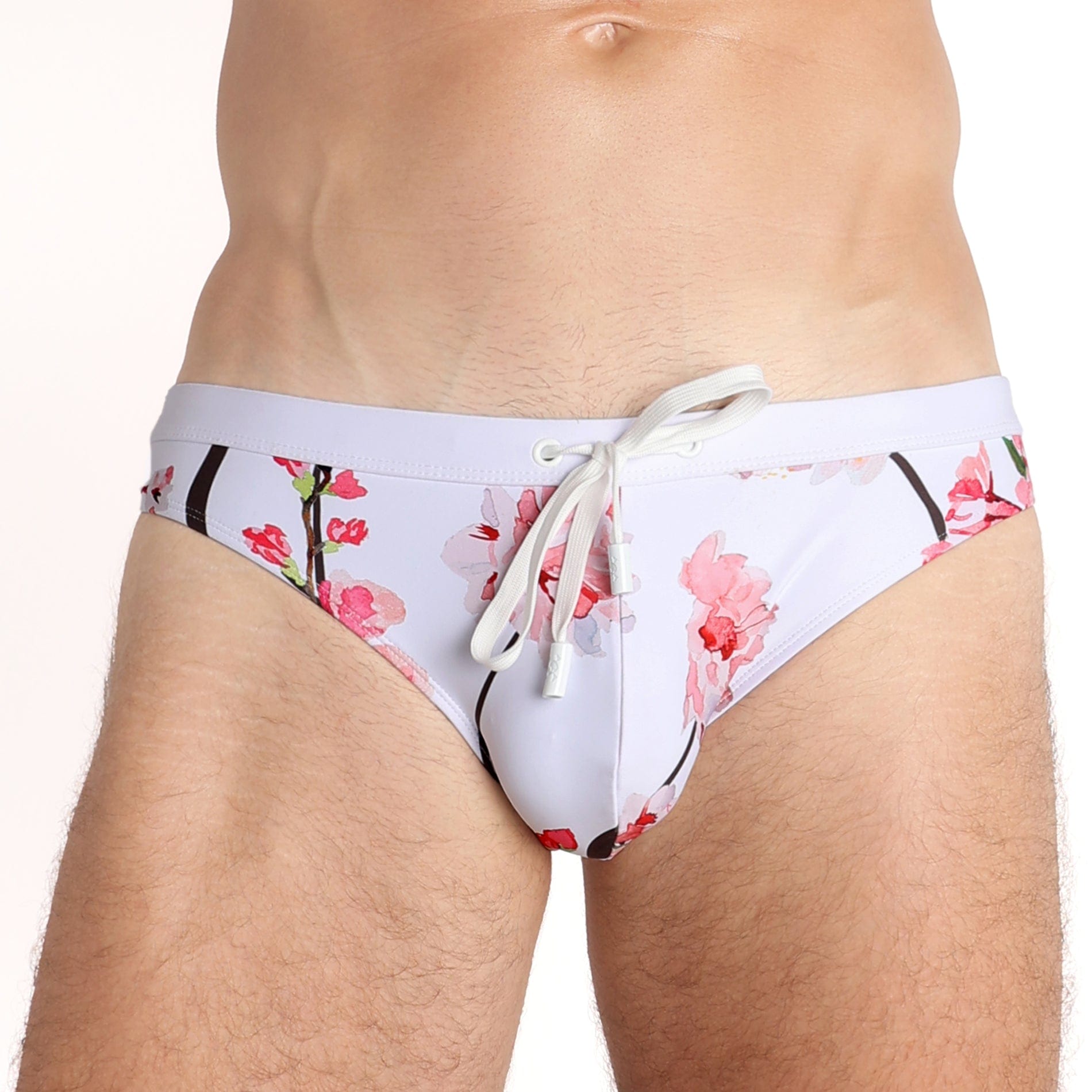 Cherry Blossom Print White Swim Briefs for Men - High Waisted Comfortable Beach Swimwear for Pool, Vacation & Summer Activities