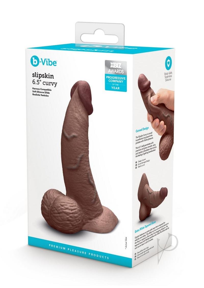 B Vibe Slipskin Realistic Silicone Curved Dildo 6.5 Inch - Chocolate Color - Body-Safe Sex Toy for G-Spot & Prostate Stimulation - Perfect for Couples Play & Solo Pleasure