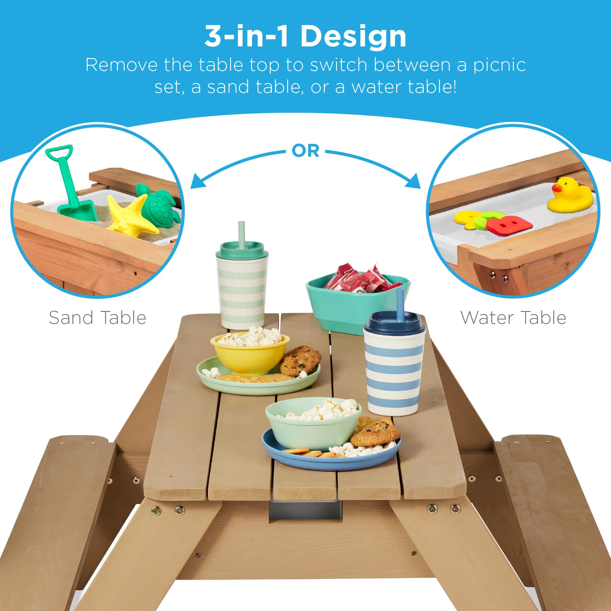 Best Choice Products Kids 3-in-1 Sand & Water Table with Convertible Picnic Top - Wooden Outdoor Activity Table with Umbrella, 2 Storage Trays & 220lb Weight Capacity - Perfect for Backyard Play, Beach Fun & Outdoor Dining (Navy Blue)