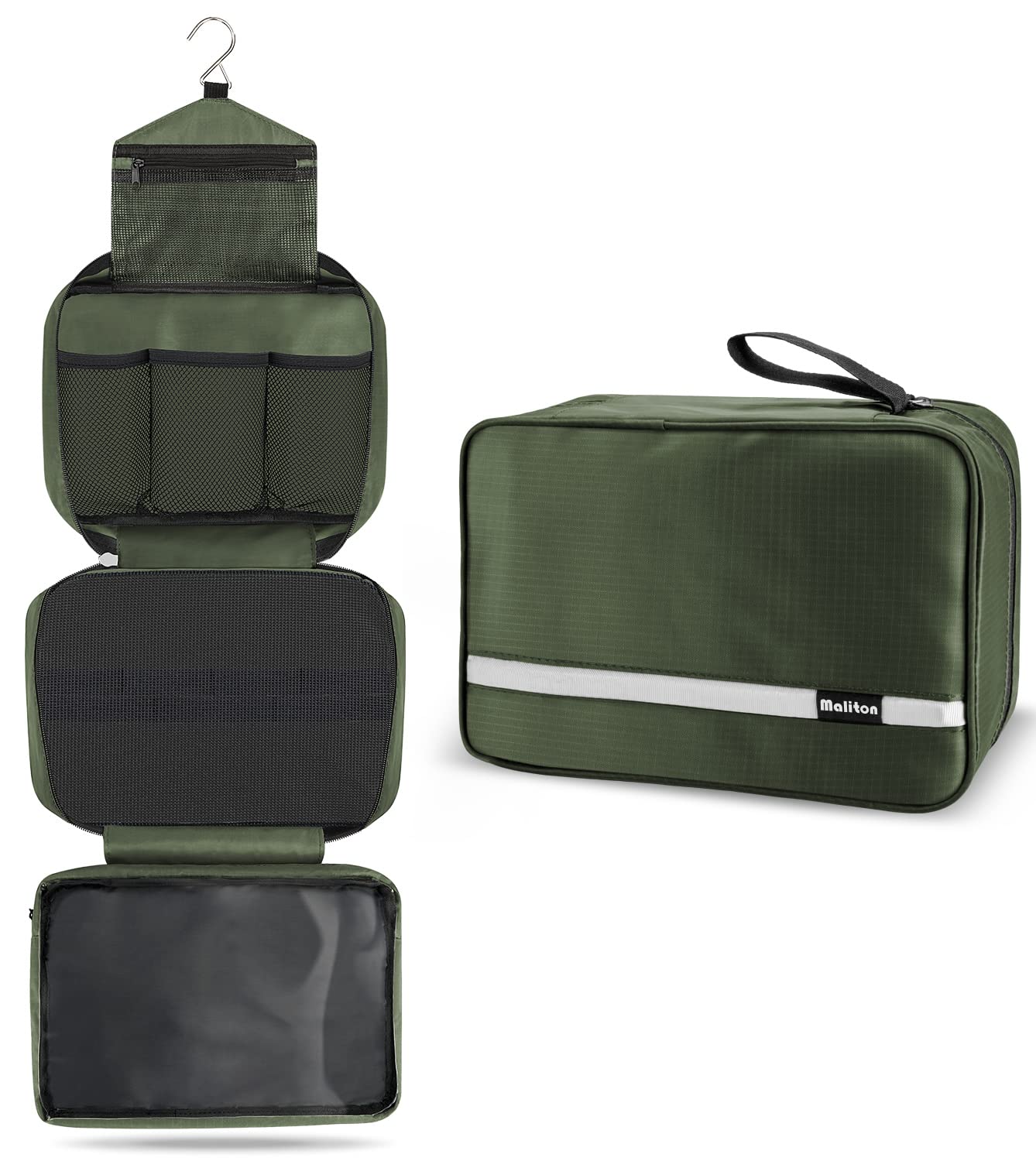 Maliton Hanging Travel Toiletry Bag for Men - 4 Compartment Waterproof Bathroom Organizer - Compact Portable Toiletries Case for Daily Use & Business Trips (Olive Green) | Perfect for Camping, Gym, Vacation & Air Travel