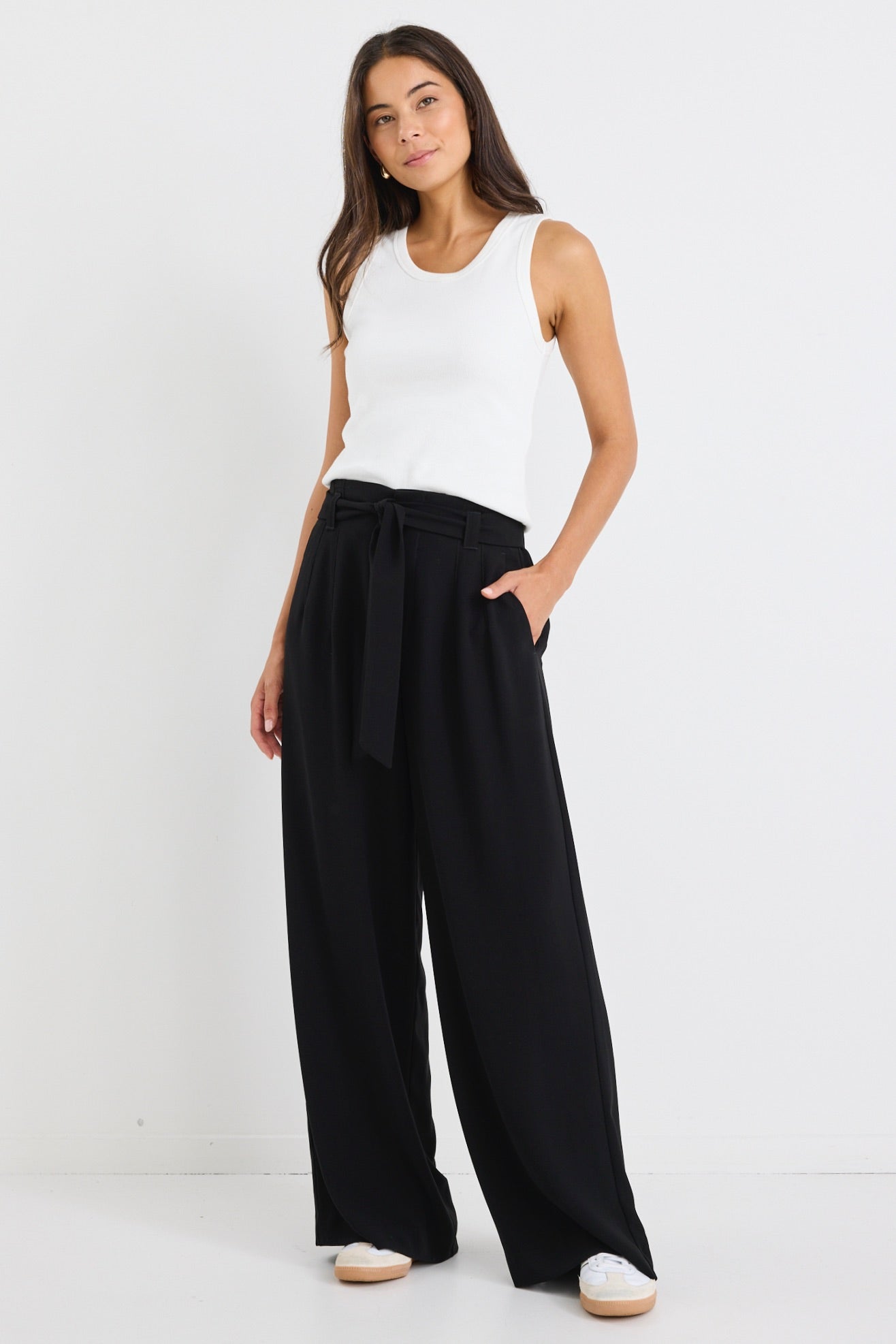 Sydney Black Crepe Wide Leg Tie Belt Pants for Women - Elegant High Waisted Palazzo Trousers for Office, Party & Special Occasions
