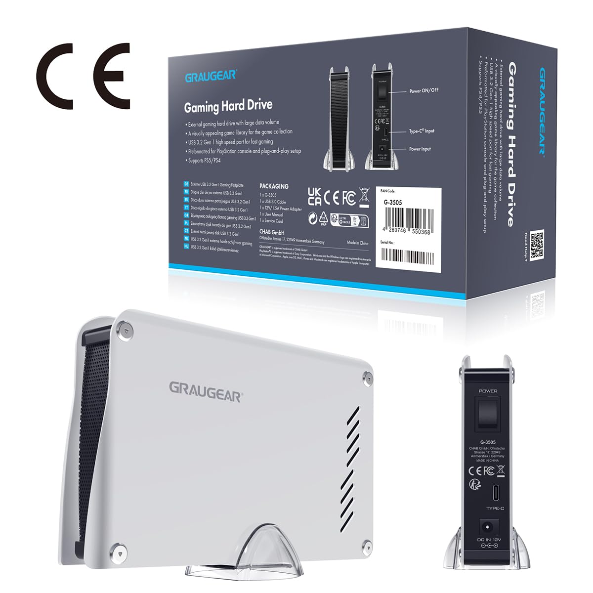GRAUGEAR 4TB External Hard Drive for PS5/PS4 - High-Speed USB 3.2 Portable HDD with Aluminum Case, Includes USB-C & USB-A Cables - Perfect for Gaming, Backup & Storage Expansion