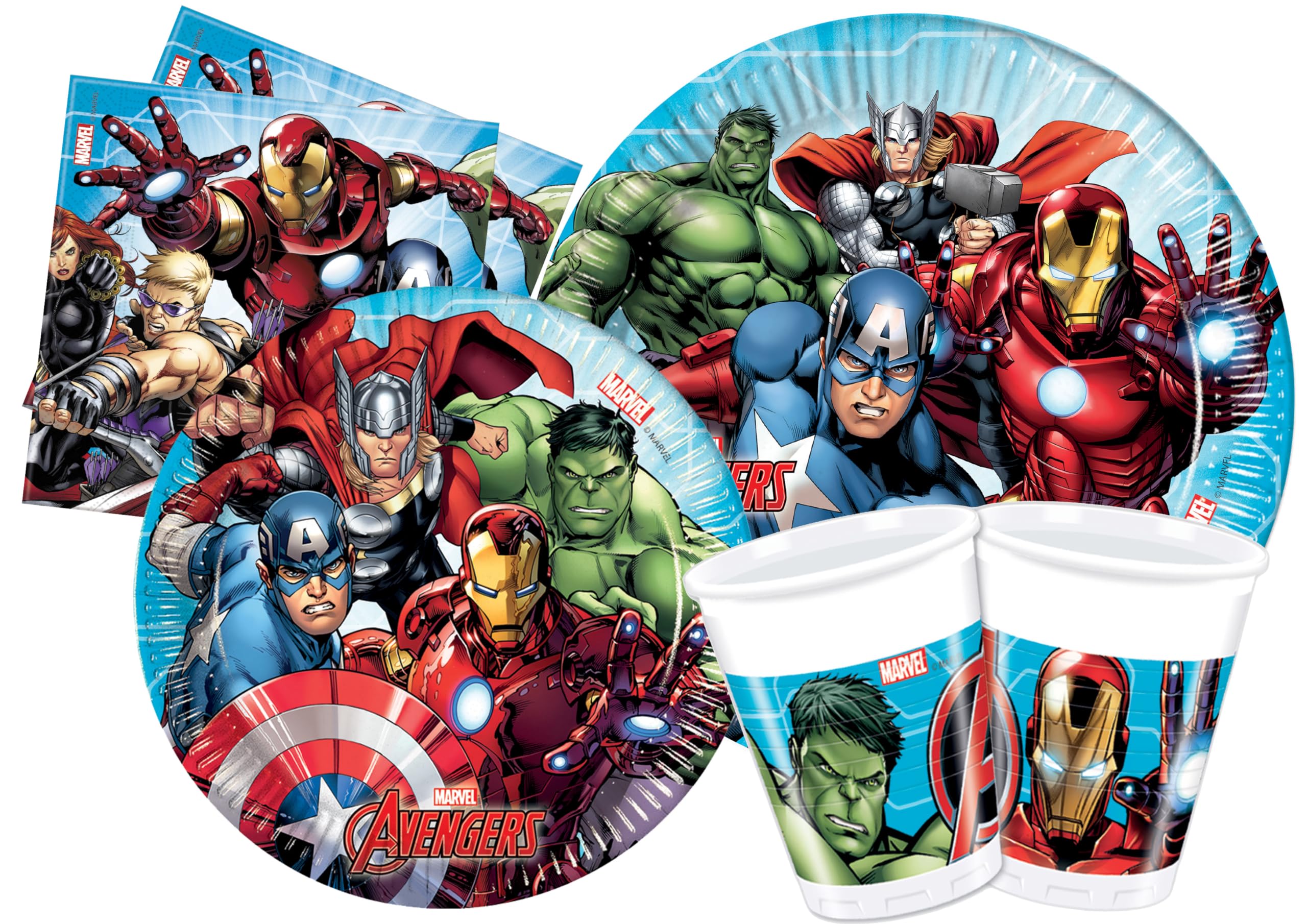 Marvel Avengers Party Supplies Set for 24 Guests - 112 Piece Tableware Kit (24 x 23cm & 20cm Paper Plates, 24 x 200ml Plastic Cups, 40 x 33x33cm Napkins) - Perfect for Birthday Parties, Superhero Themed Events & Family Gatherings