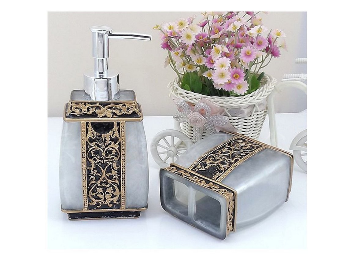 AMSS 5-Piece Resin Bathroom Accessories Set - Toothbrush Holder, Soap Dispenser, Soap Dish & 2 Tumblers with Gift Box | Modern Vanity Organizer for Bathroom Countertop Decor