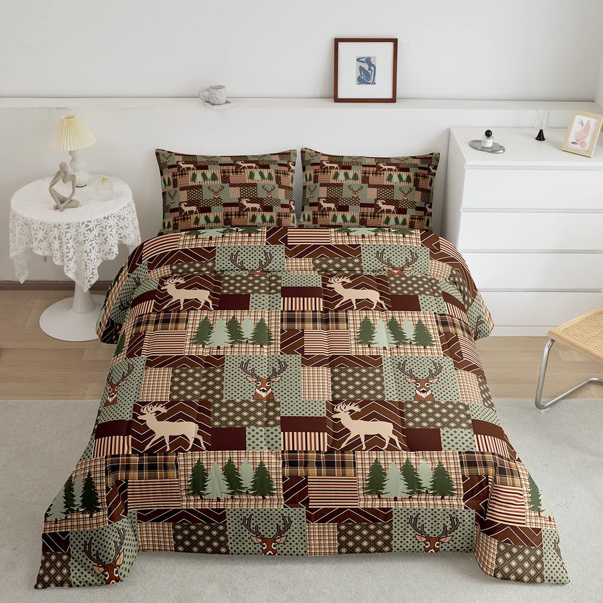 Vintage Elk Antlers Farmhouse Comforter Set - Queen Size Rustic Bedding with Wild Moose Pattern for Boys & Girls, Kids Room Decor | Perfect for Cozy Cabin Retreats, Hunting Lodge Themed Bedrooms & Nature-Inspired Nursery Designs