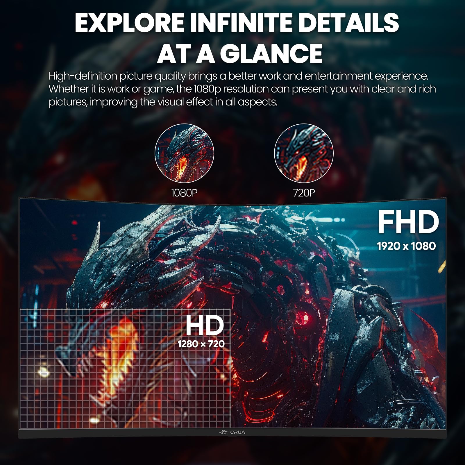 CRUA 32 Inch Curved Gaming Monitor - FHD 1920x1080P, 144Hz/180Hz, 1800R VA Panel, 120% sRGB, AMD FreeSync, HDMI & DP Ports, VESA Mountable - Black | Perfect for Esports, PC Gaming & Home Office Setup