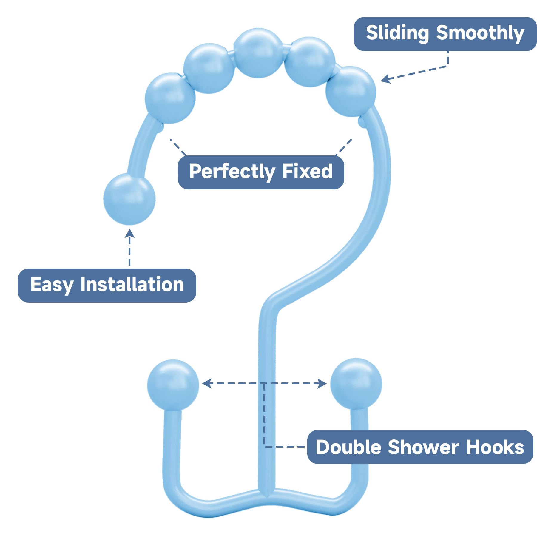 Titanker Shower Curtain Hooks - 12 Pack Rust-Resistant Metal Double Glide Rings for Bathroom Shower Rods (Blue) | Durable Bath Accessories for Easy Curtain Installation & Home Decor