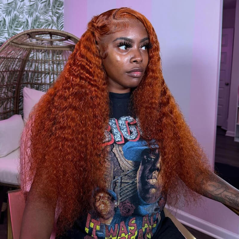 Eullair 30HL Curly Human Hair Lace Front Wig - Orange Ginger Copper Color | Natural Look for Daily Wear & Cosplay
