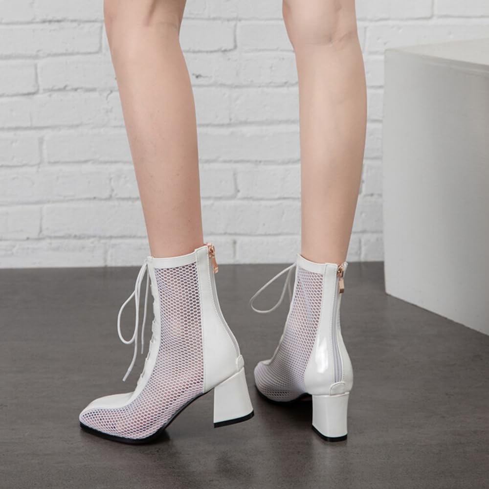 Women's Chunky Heel Ankle Boots with Mesh Detailing - Stylish & Comfortable for Fall/Winter Fashion, Office Wear & Night Out