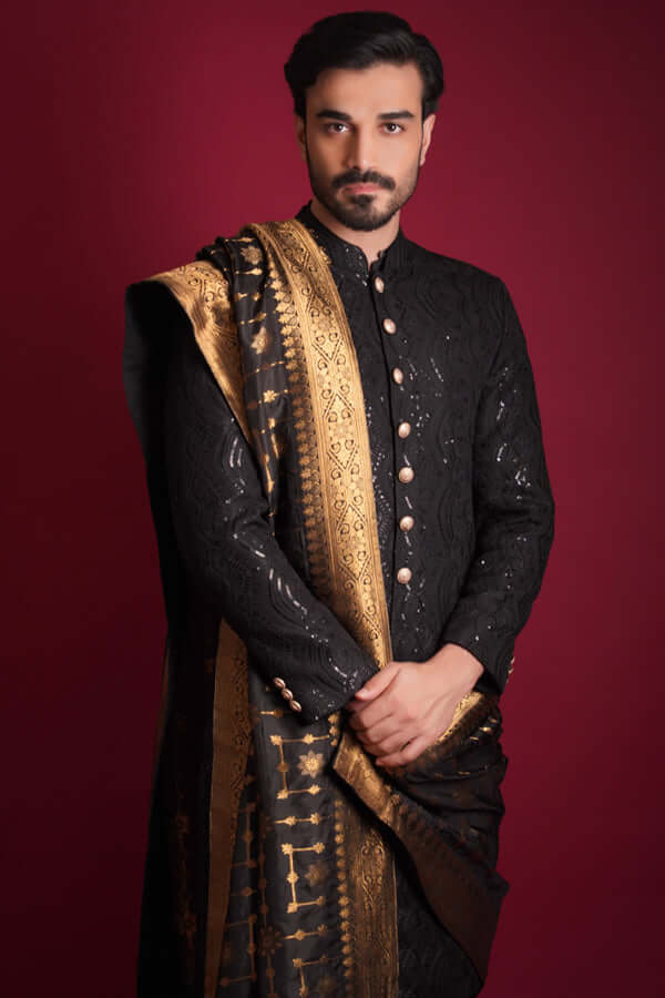 Elegant Jet Black Cordoba Artwork Sherwani for Men | Premium Embroidered Wedding Sherwani | Traditional Pakistani/Indian Formal Wear for Weddings, Festivals & Special Occasions