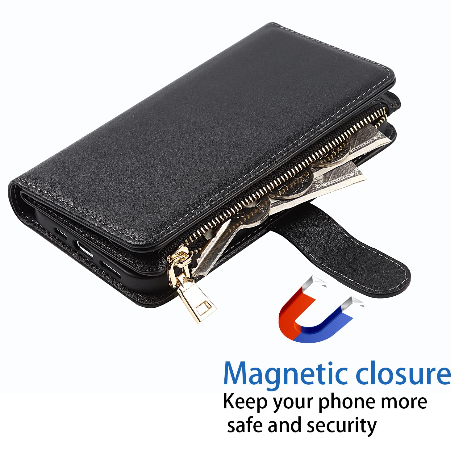Premium Leather Magnetic Wallet Case for iPhone 14 Pro Max - Shockproof Protective Cover with Crossbody Strap & Stand (Black) | Perfect for Travel, Work & Everyday Use