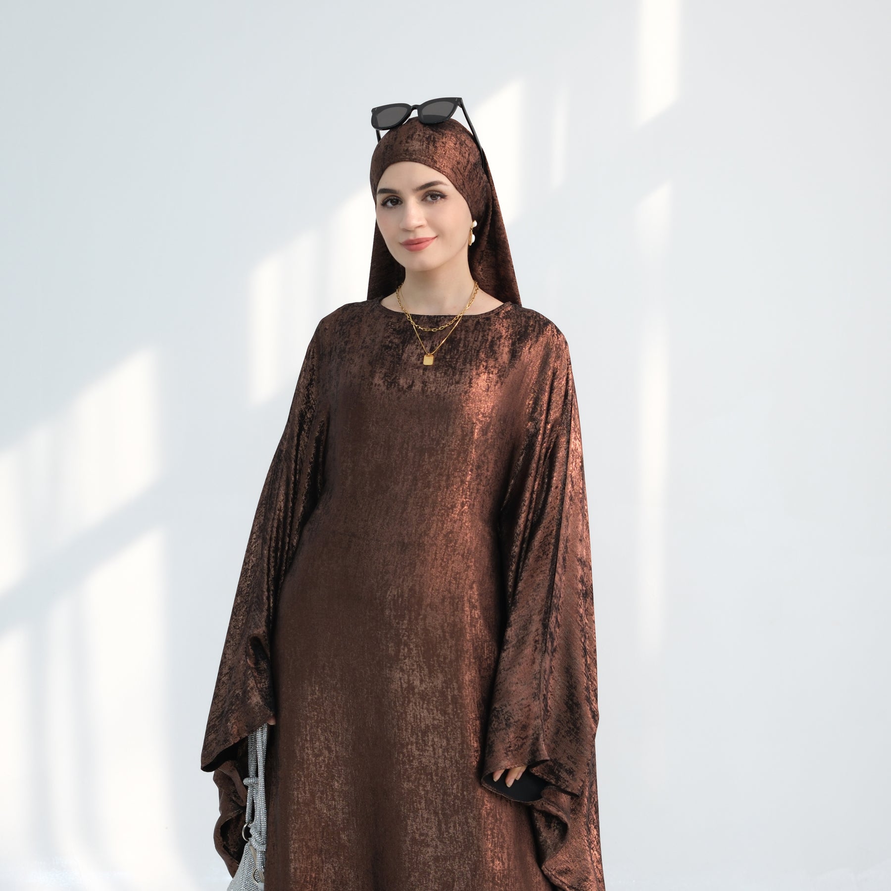 Linora Shimmer Butterfly Abaya - Elegant Brown Islamic Dress for Women | Perfect for Prayer, Eid, and Special Occasions