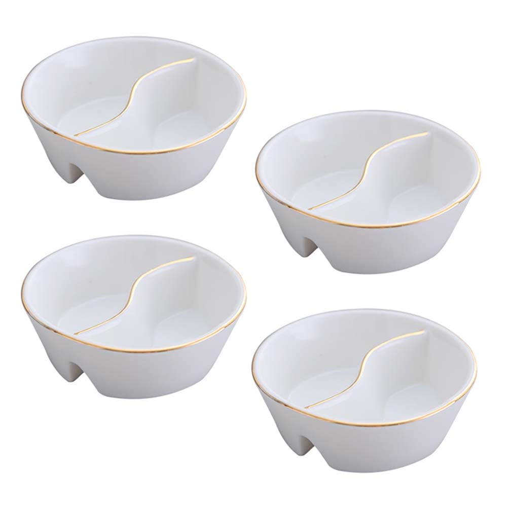 Colias Wing Gold Edge Porcelain Side Dish Bowls - Set of 4 White Round Divided Compartment Bowls for Soy Sauce, Seasonings & Dips | Perfect for Sushi, Dumplings & Asian Dining