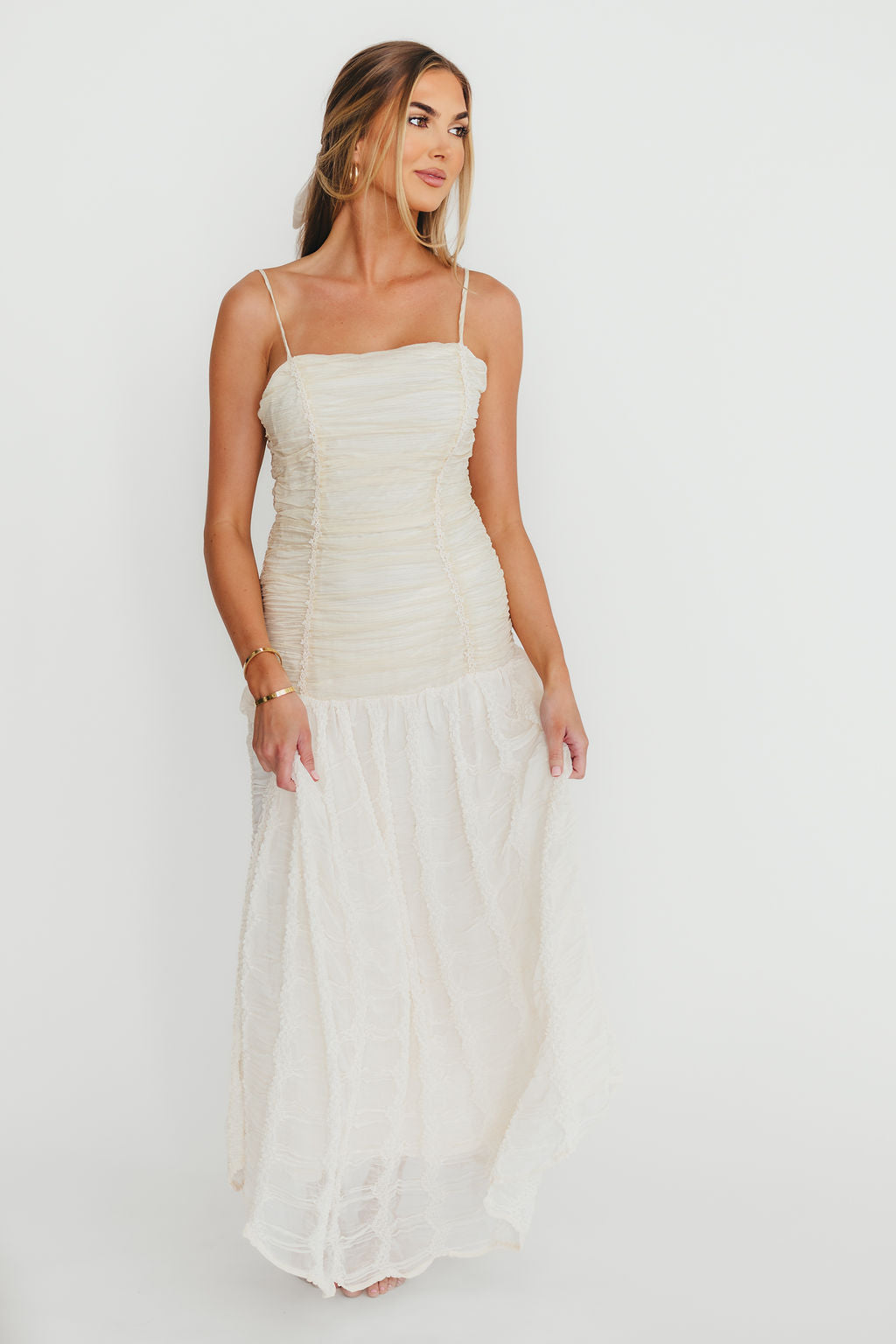 Rosie Ruched Maxi Dress with Bow Back Detail - Cream Elegant Formal Evening Gown for Weddings, Parties & Special Occasions