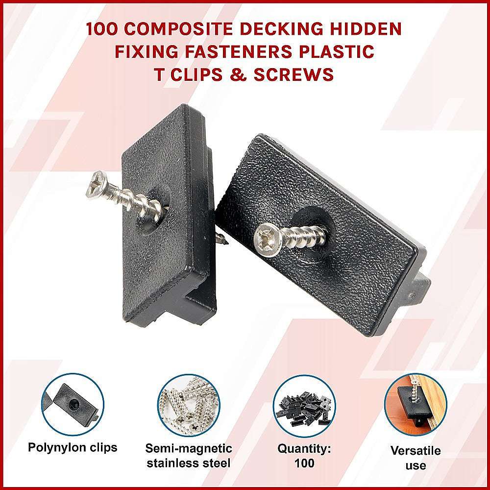100-Pack Composite Decking Hidden Fasteners - Durable Plastic T-Clips & Screws for Secure Deck Installation | Perfect for DIY Decking Projects & Outdoor Patio Construction