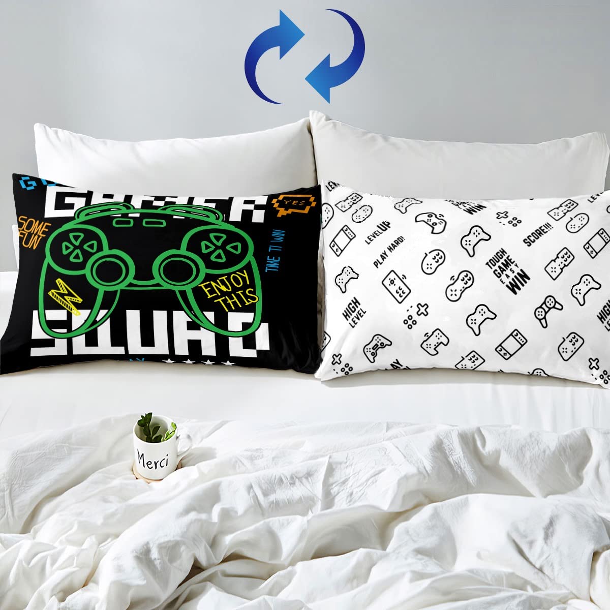 Erosebridal King Size Video Game Duvet Cover Set - Green Cartoon Gamer Pattern Comforter Cover, Electronic Theme Quilt Set (3Pcs) for Kids, Teens & Adults - Soft, Breathable Bedding - Perfect for Gaming Rooms, Teen Bedrooms & Gift Giving