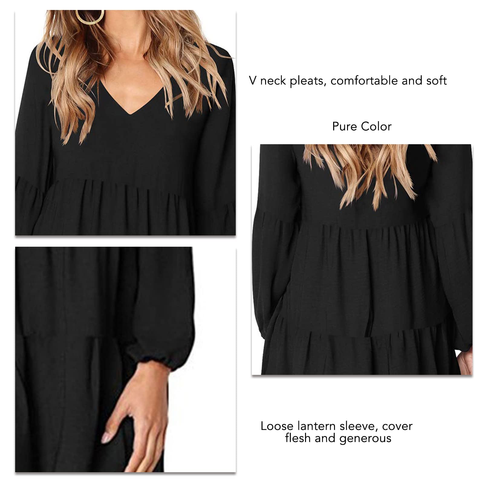**Estink Women's Long Sleeve V-Neck Mini Dress - Flowy Casual Loose Fit Short Dress (Large, Black) - Perfect for Parties, Dates & Everyday Wear**