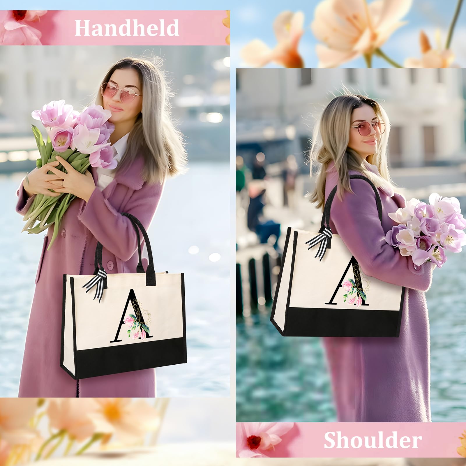 AYGE Personalized Initial Canvas Beach Tote Bag - Custom Monogrammed Gifts for Women, Makeup Bag, Birthday Present for Sister, Mom, Teacher & Bridesmaid - Perfect for Beach Trips, Shopping & Everyday Use