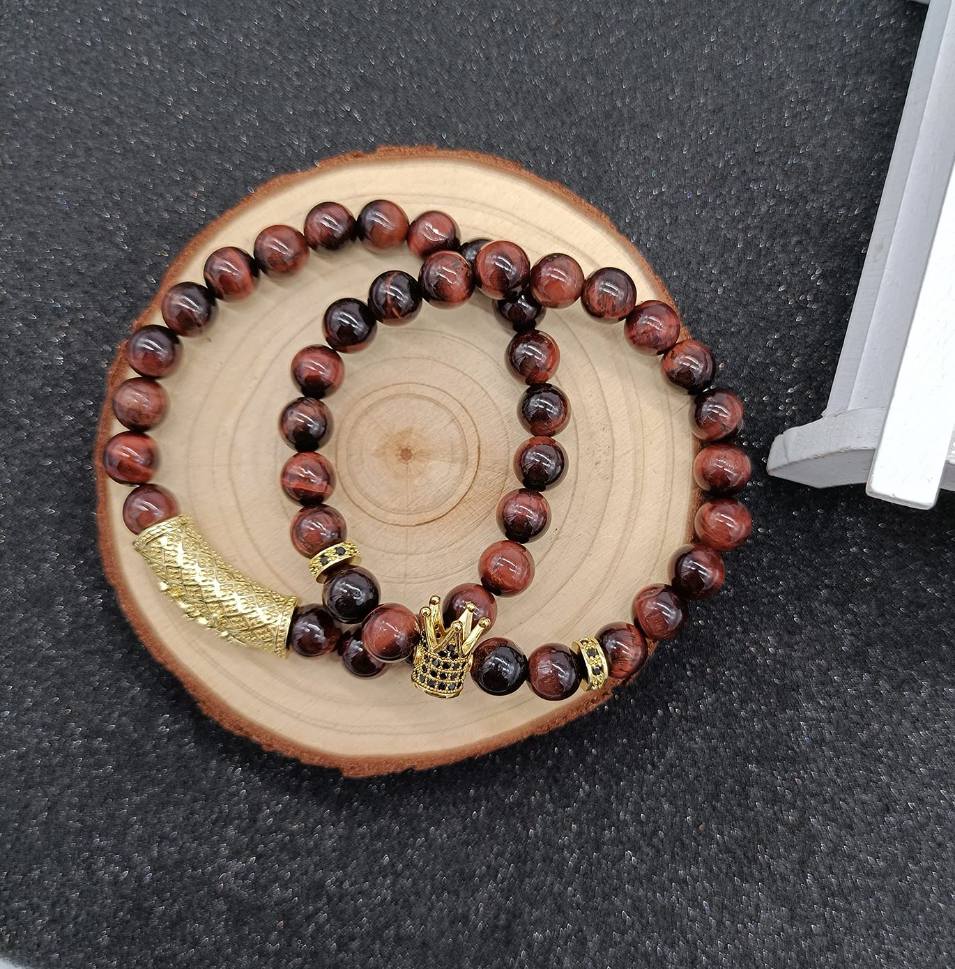 4 Pcs 8mm Crown King Bracelets for Men & Women - Tiger Eye & Black Matte Onyx Natural Stone Beads Set - Cool Unisex Jewelry for Everyday Wear, Gifts & Spiritual Healing