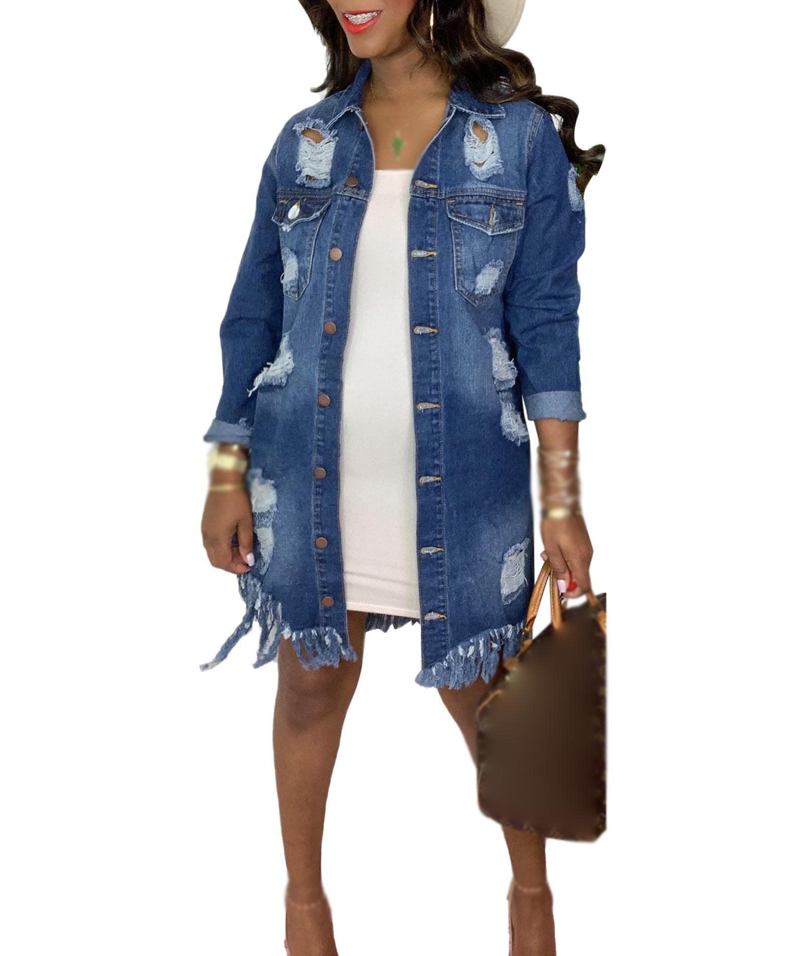 Distressed Denim Jacket for Women - Ripped Denim Coat for Spring & Fall - Stylish Outerwear for Casual & Streetwear Outfits