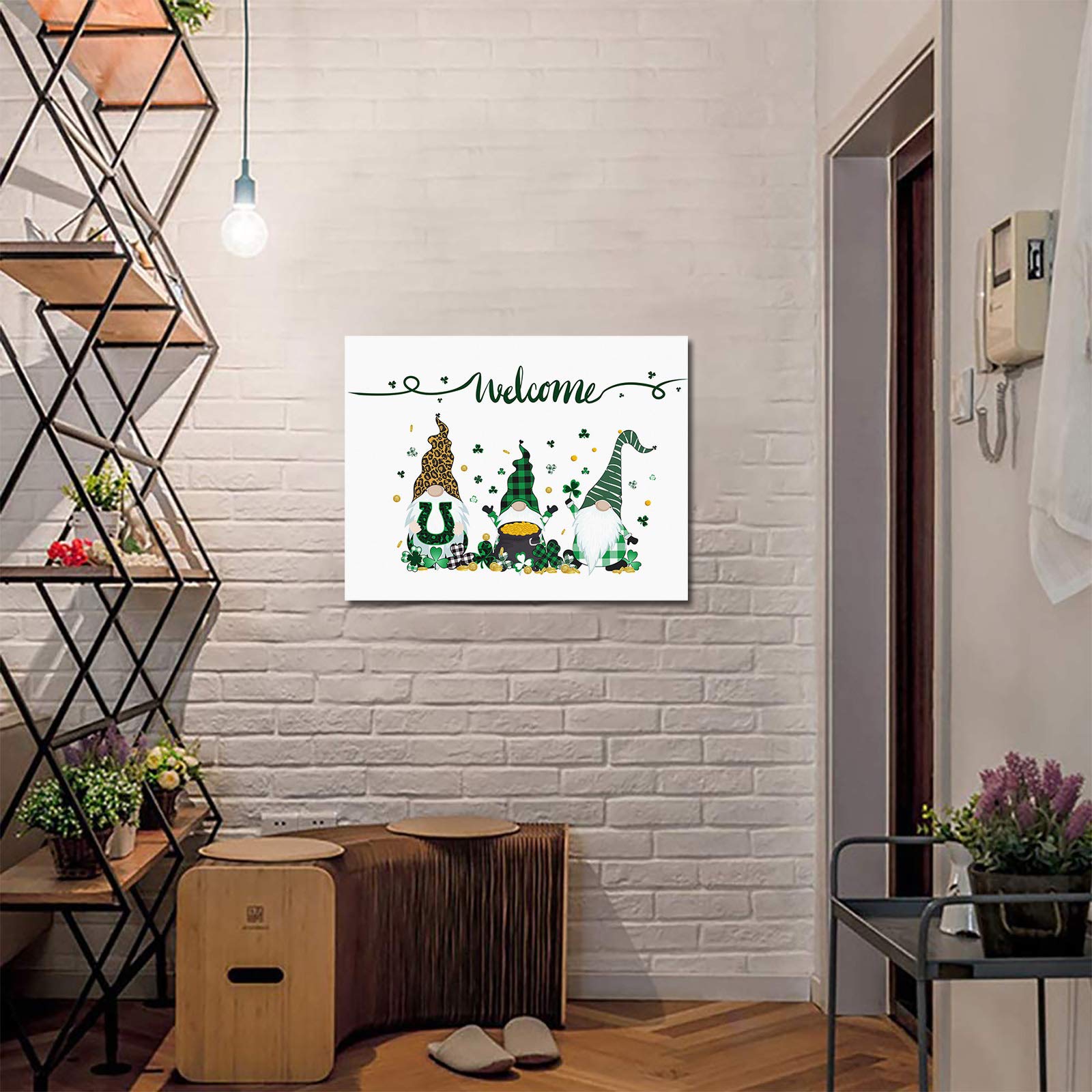 T&H XHome St. Patrick's Day Gnome Wall Art - 12x16 Inch Framed Canvas Oil Painting with Clover Design, Modern Home Decor for Bathroom, Nursery, Office, Living Room & Bedroom | Perfect for Irish-Themed Parties & Holiday Decorations