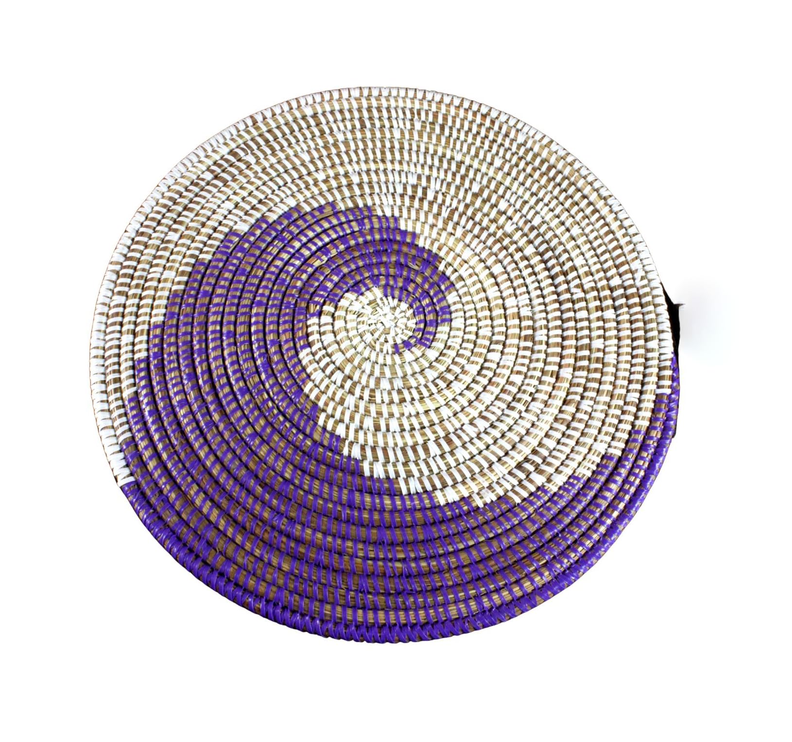 Handwoven African Bohemian Seagrass Placemats - Natural Round Wicker Basket Plates for Dining Table Decor | Purple & White Decorative Hanging Wall Plates | Perfect for Boho Chic Home, Farmhouse Kitchen & Coastal Style Decor