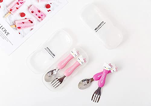 **CherryBox Pink Kitty Stainless Steel Kids Spoon & Fork Set with Storage Box (Dark Pink) - Perfect for School Lunches, Picnics, and Travel**