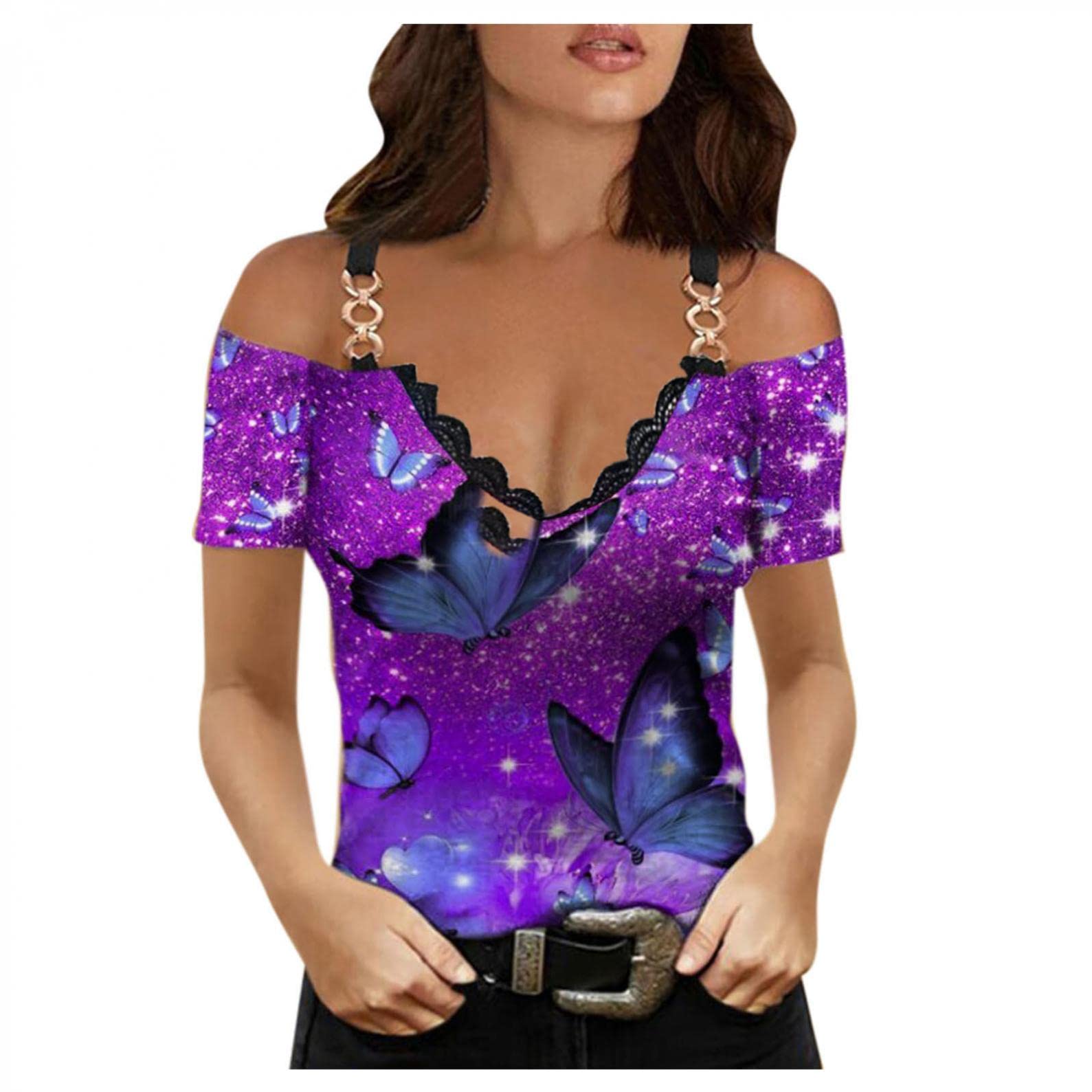 Women's Summer Tops - Short Sleeve Lace Neck T-Shirts, Loose Fit Plain Basic Tees & Casual Blouses | Perfect for Beach Outings, Vacation Wear & Everyday Summer Fashion